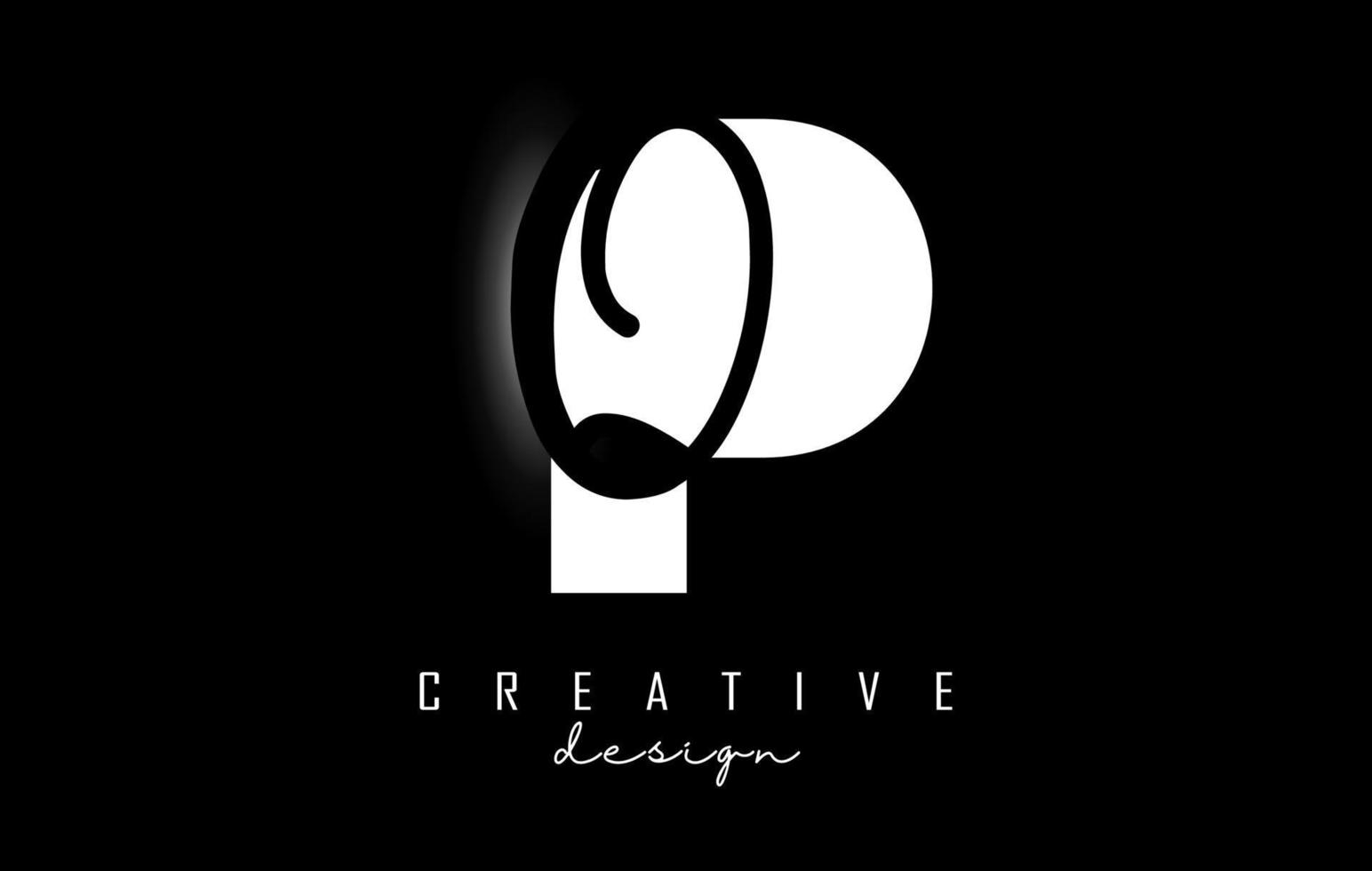 logotipo de pq en letras blancas y negras con un diseño minimalista. letras p y q con tipografía geométrica y manuscrita. vector