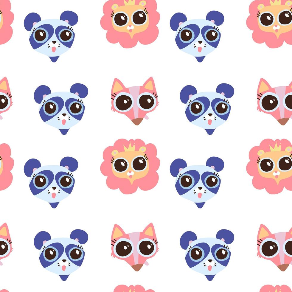 Seamless pattern with cute animals face image, Flat vector hand drawn childish illustration.