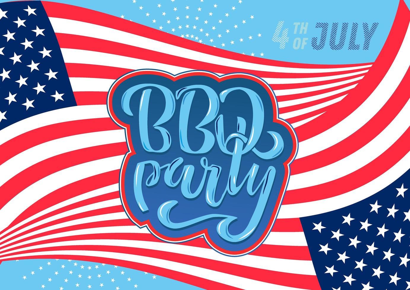 July 4th BBQ Party lettering invitation to American independence day barbeque with July 4th decorations stars, flags, fireworks on blue background. Vector hand drawn illustration.