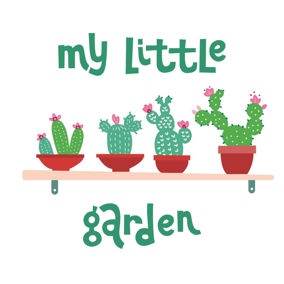 My Little Garden botanical vector illustration. Small potted cactus and succulent on shelf flat images isolated on white background. Tropical plants clipart. Interior botany. House plant in pot