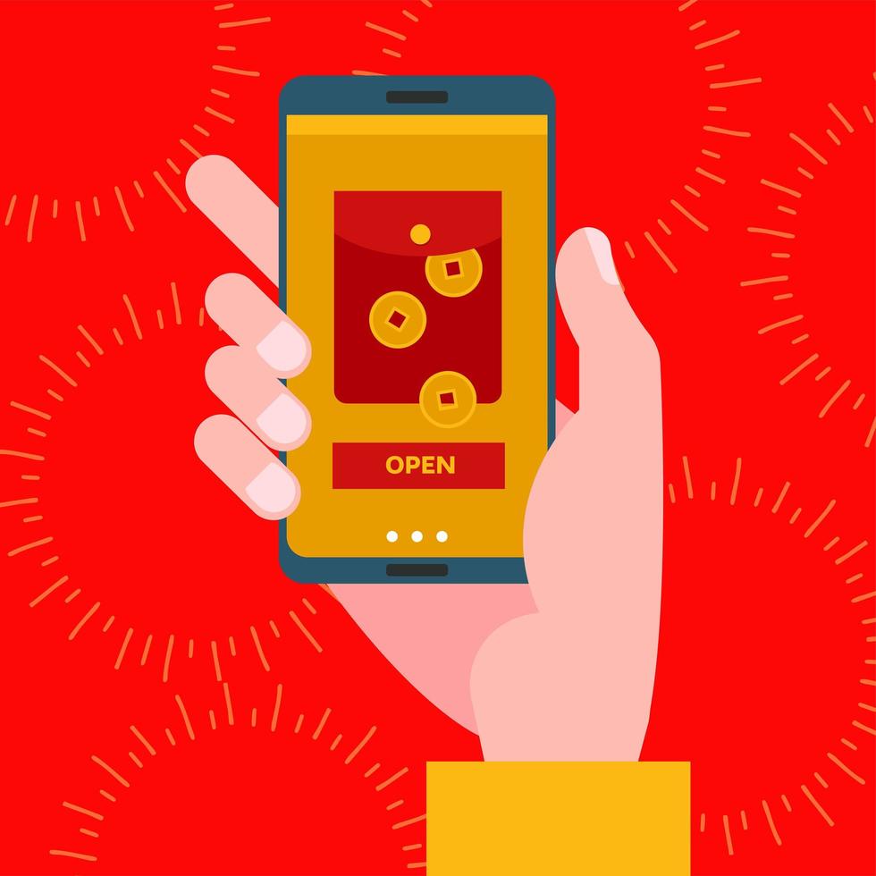 Concept of Chinese new year tradition of sending red envelope with money. Hand holding phone with digital gift . Vector flat illustration for web, landing page, banner, editorial, mobile app.