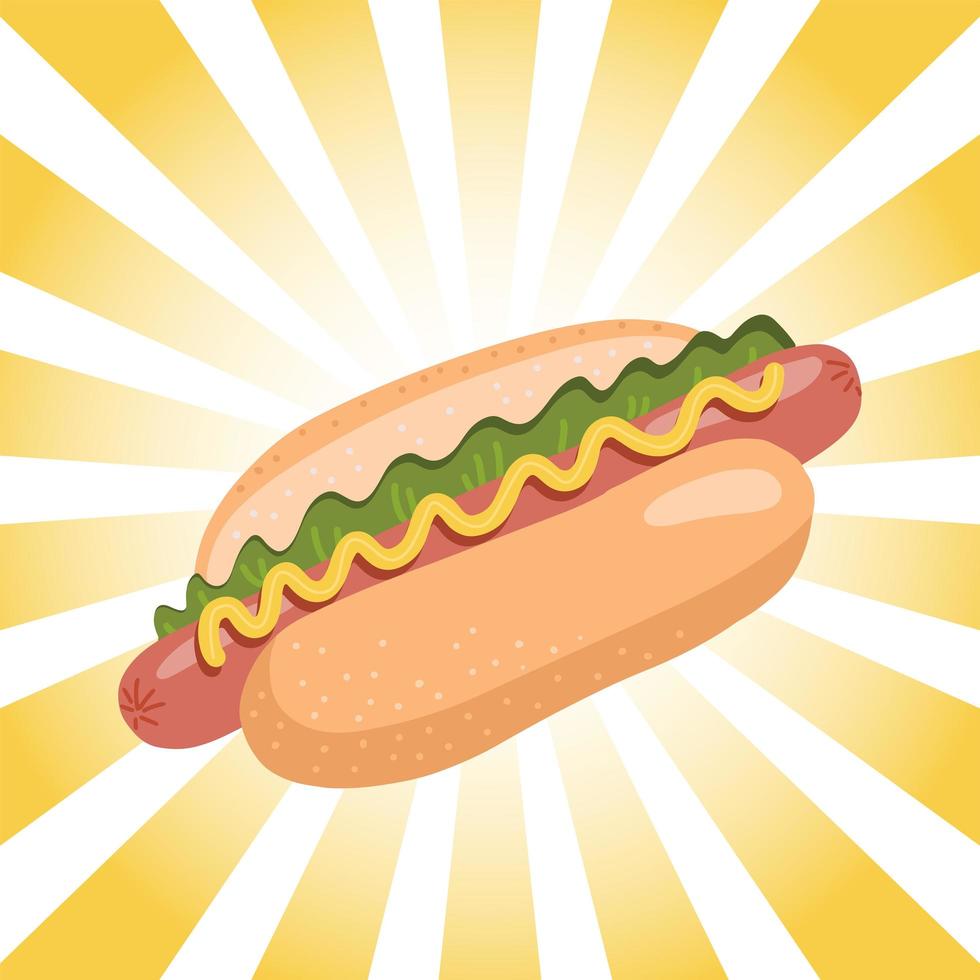 Hot Dog with mustard and lettuce on retro radial background. Vector flat illustration.