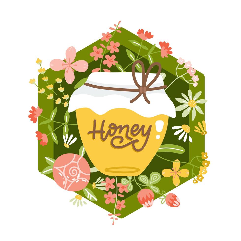 Yellow honey jar on background of wild flowers and plants. retail beehive products badge can be used for graphic, banner. Beekeeping summer theme. Vector flat hand drawn illustration