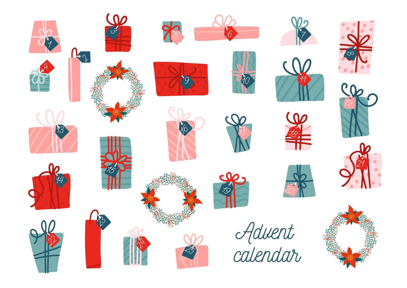 Advent calendar template. Collection of vector colorful Christmas present boxes with tags. Vector flat cartoon illustration isolated on white background.