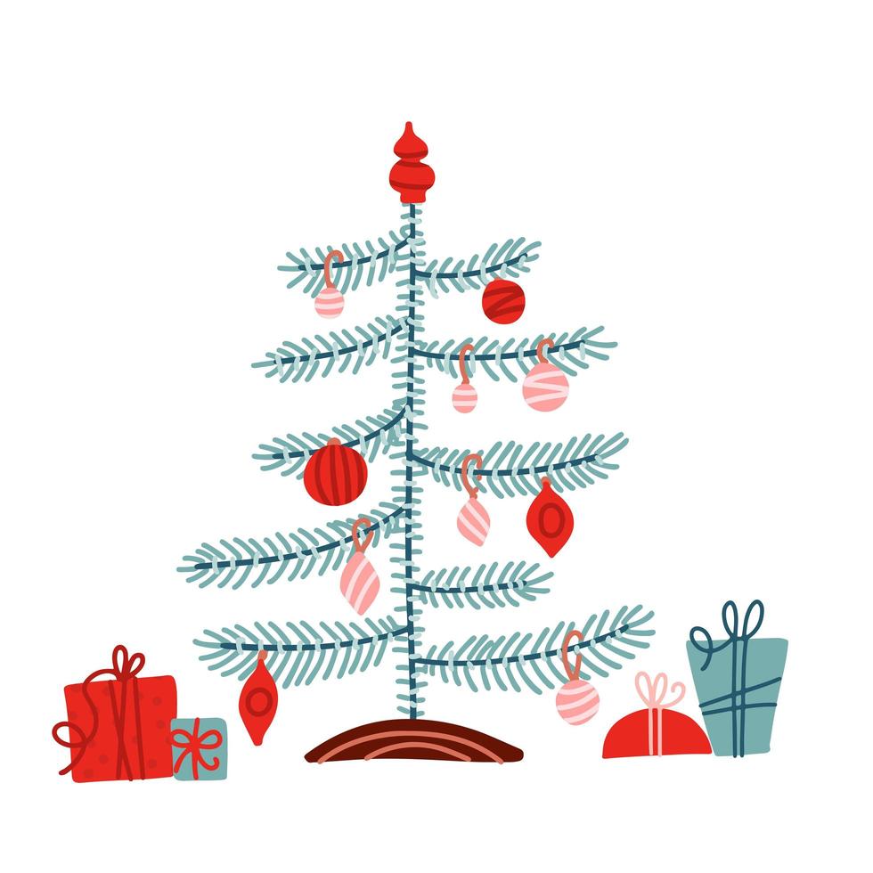 árbol de navidad infantil hygge con regalos, decorado con juguetes y adornos aislados sobre fondo blanco. ilustración de vector plano dibujado a mano