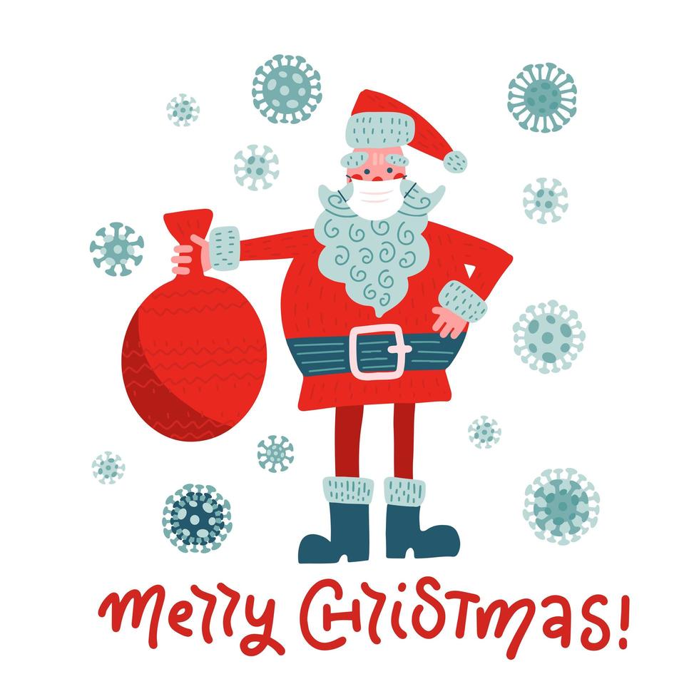 Santa Claus wearing medical mask on face to prevent Covid-19 icon vector. Santa Claus with protective mask holding red bag cartoon character. Santa with coronavirus mask icon. vector