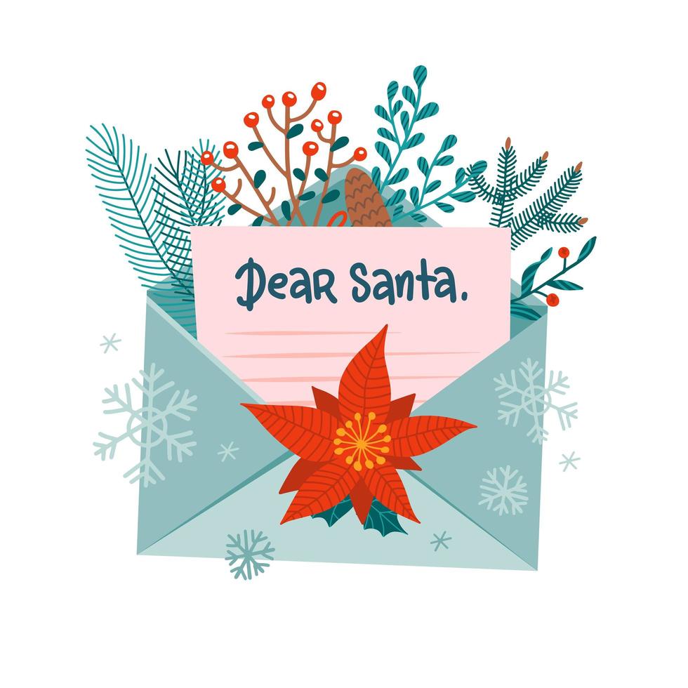 carta de navidad a santa claus en sobre abierto. correo de navidad festivo decorado con ramas de bosque. tarjeta de felicitación con letras querido santa. ilustración de dibujos animados plana vectorial aislada en blanco vector