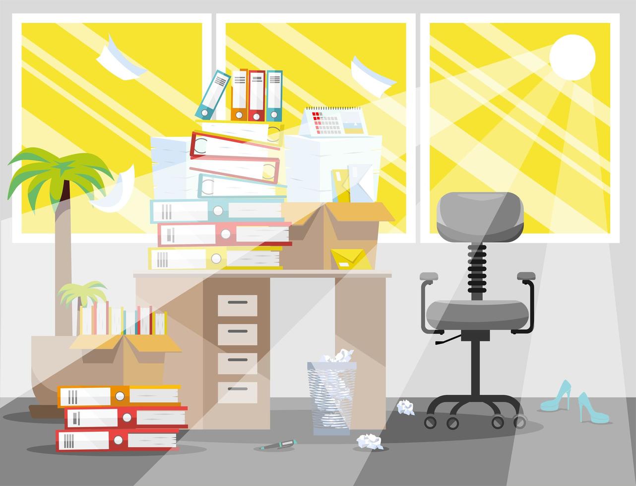 Summer Period of accountants and financier reports submission. Pile of paper documents and file folders in cardboard boxes on office table. Flat vector illustration windows, chair and waste-basket