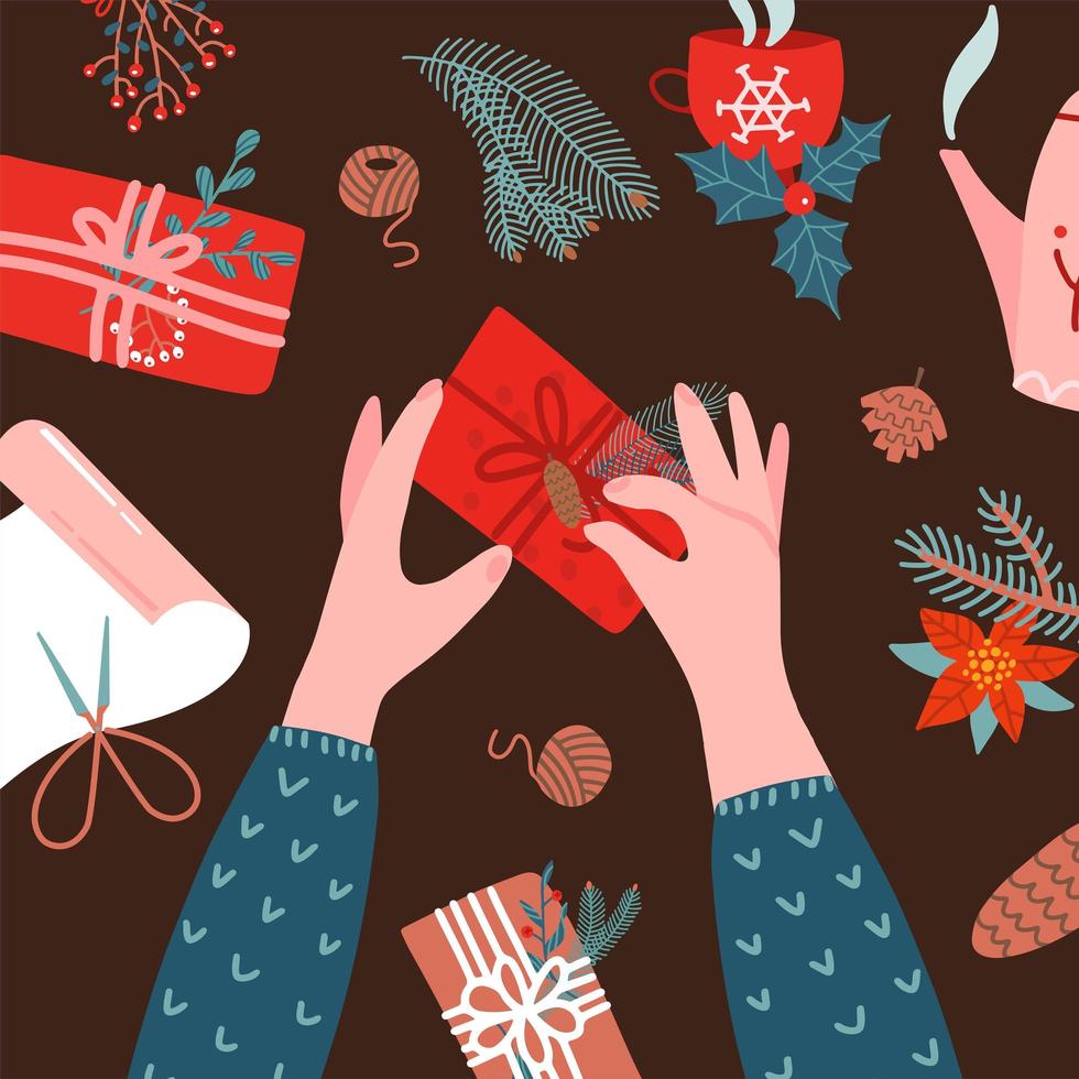 envolver regalos de navidad. dos manos humanas. vista superior de papel decorativo, cajas de regalo, cintas en la mesa. taller creativo de año nuevo. tarjeta de felicitación de invierno hygge. ilustración vectorial plana hecha a mano vector