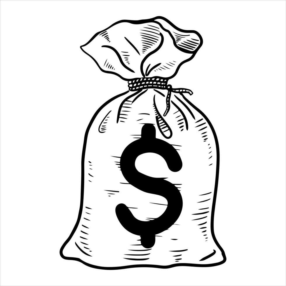 bolsa de dinero dibujada a mano con signo de dólar aislado sobre fondo blanco. ilustración vectorial vector