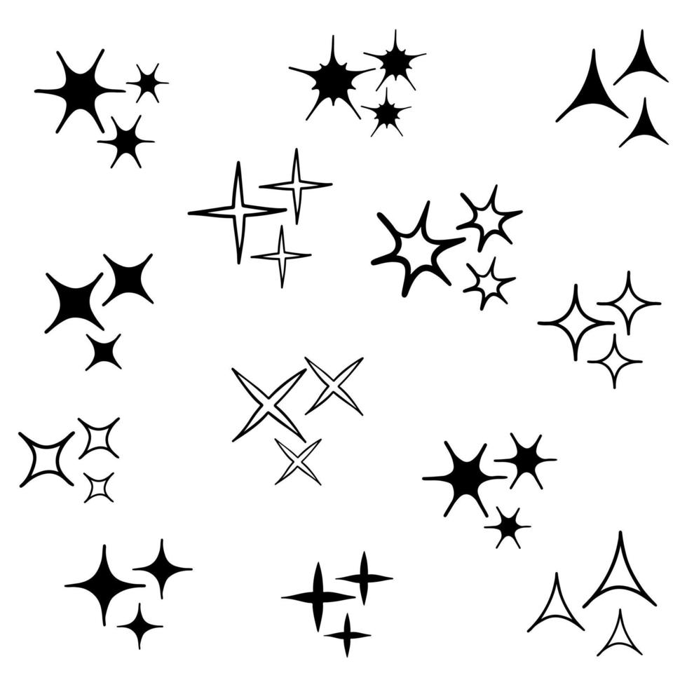 Set of hand drawn sparkles symbols isolated on white background. doodle vector illustration.