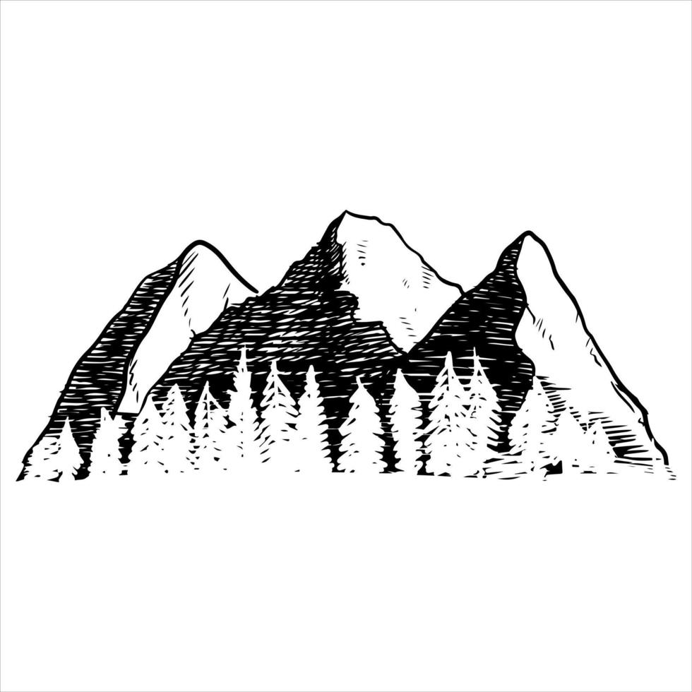 Hand drawn Mountain in sketch style isolated on white background. Vector illustration.