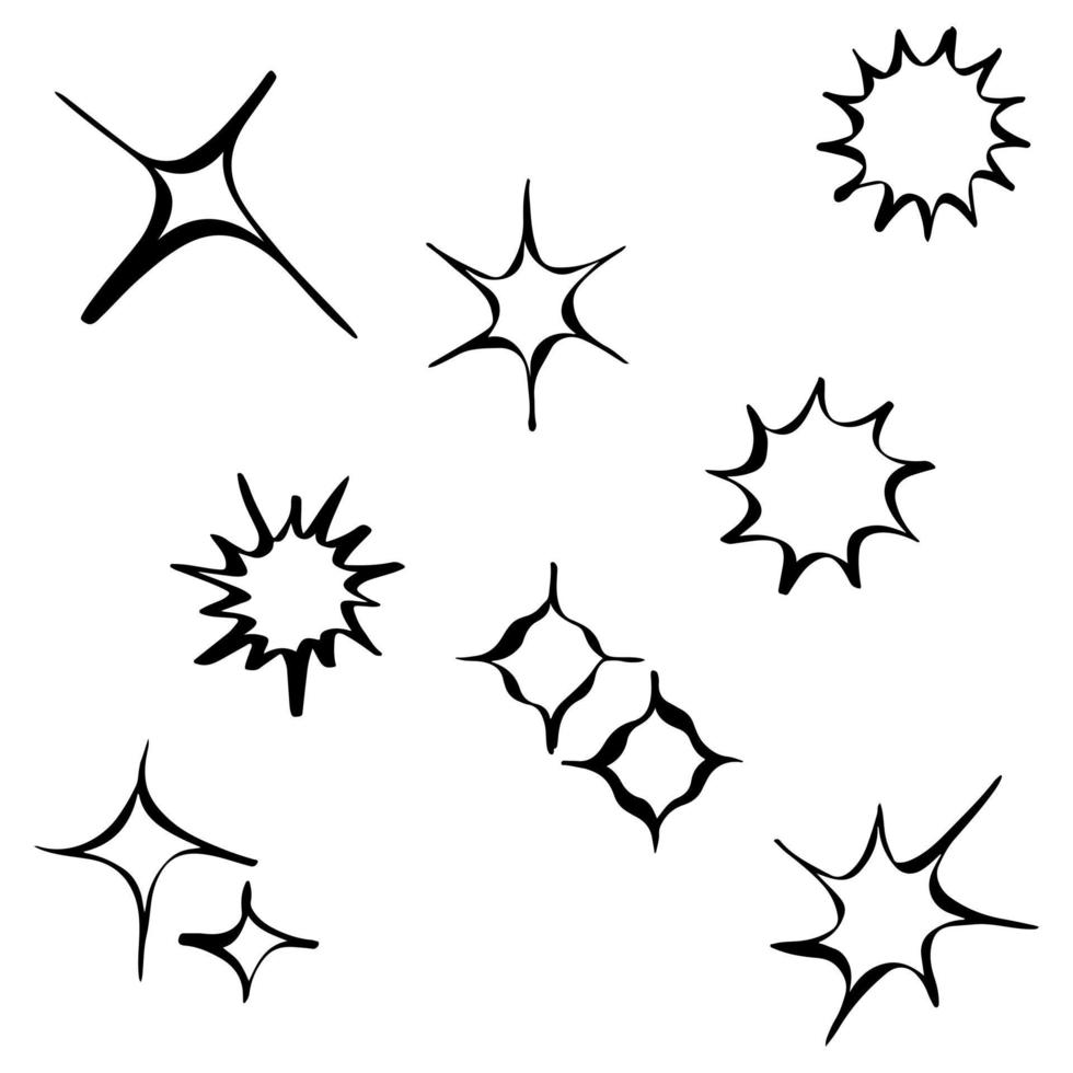 Set of hand drawn sparkles symbols isolated on white background. doodle vector illustration.