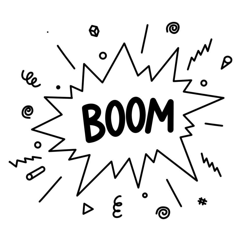 doodle comic explosion cartoon. Hand drawn comic speech bubbles with text boom isolated on white background for web, posters, banners, and concept design. vector illustration.