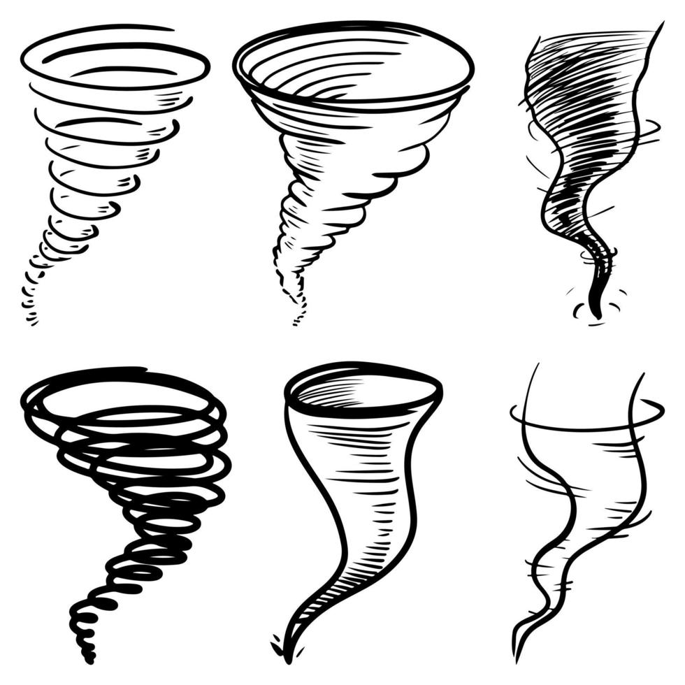 set of doodle Tornado isolated on white background. Hurricane. Hand drawn design elements set. vector illustration.