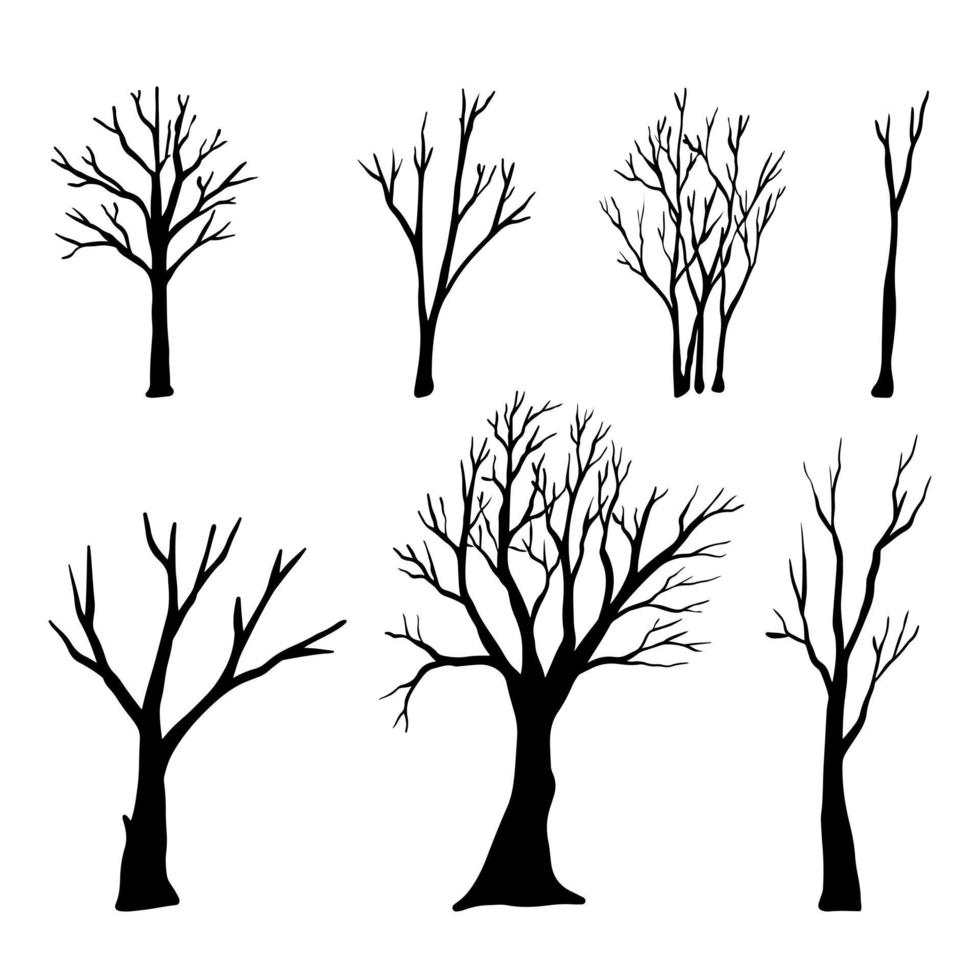 conjunto de ilustraciones de bosquejo de siluetas de árboles desnudos de fideos vectoriales dibujados a mano. ilustración vectorial vector