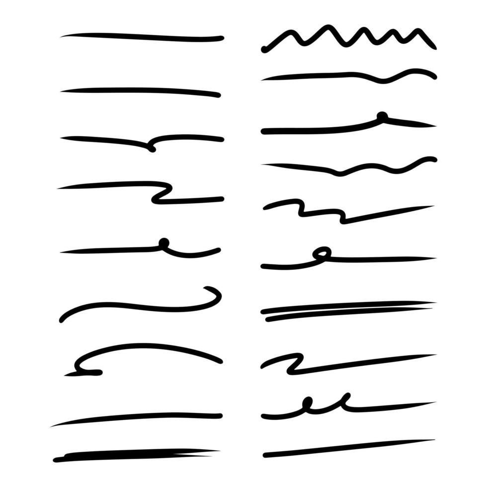 set of hand drawn underline, highlighter marker strokes, swoops, waves brush marks abstract doodle. vector illustration