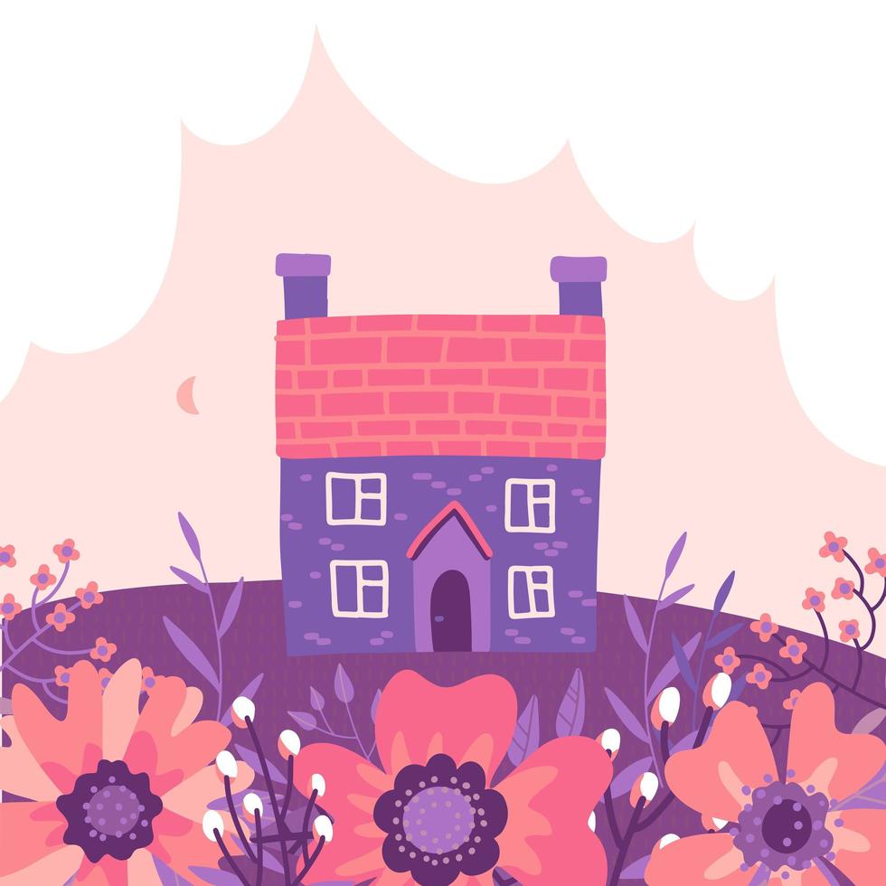 Two story building with garden and cloud background. Isolated countryside spring house scenery. Flat style vector illustration.