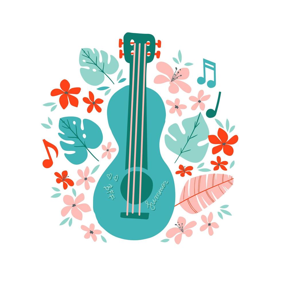 ilustración vectorial dibujada a mano plana de guitarra. idea de diseño de carteles de la tienda de instrumentos musicales. guitarra de dibujos animados con flores, hojas de palma aisladas en fondo blanco. rendimiento de la banda de rock, plantilla de banner vector