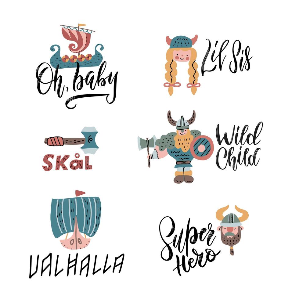 lindas composiciones de personajes vikingos con letras en estilo escandinavo. conjunto de ilustración vectorial plana. perfecto para ropa de niños, estampado de camisetas, afiche. vector
