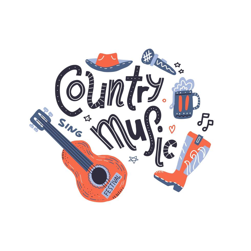 Country music print for postcards or festival banners. Vector hand drawn illustration in flat doodle style. Guitar with written lettering.