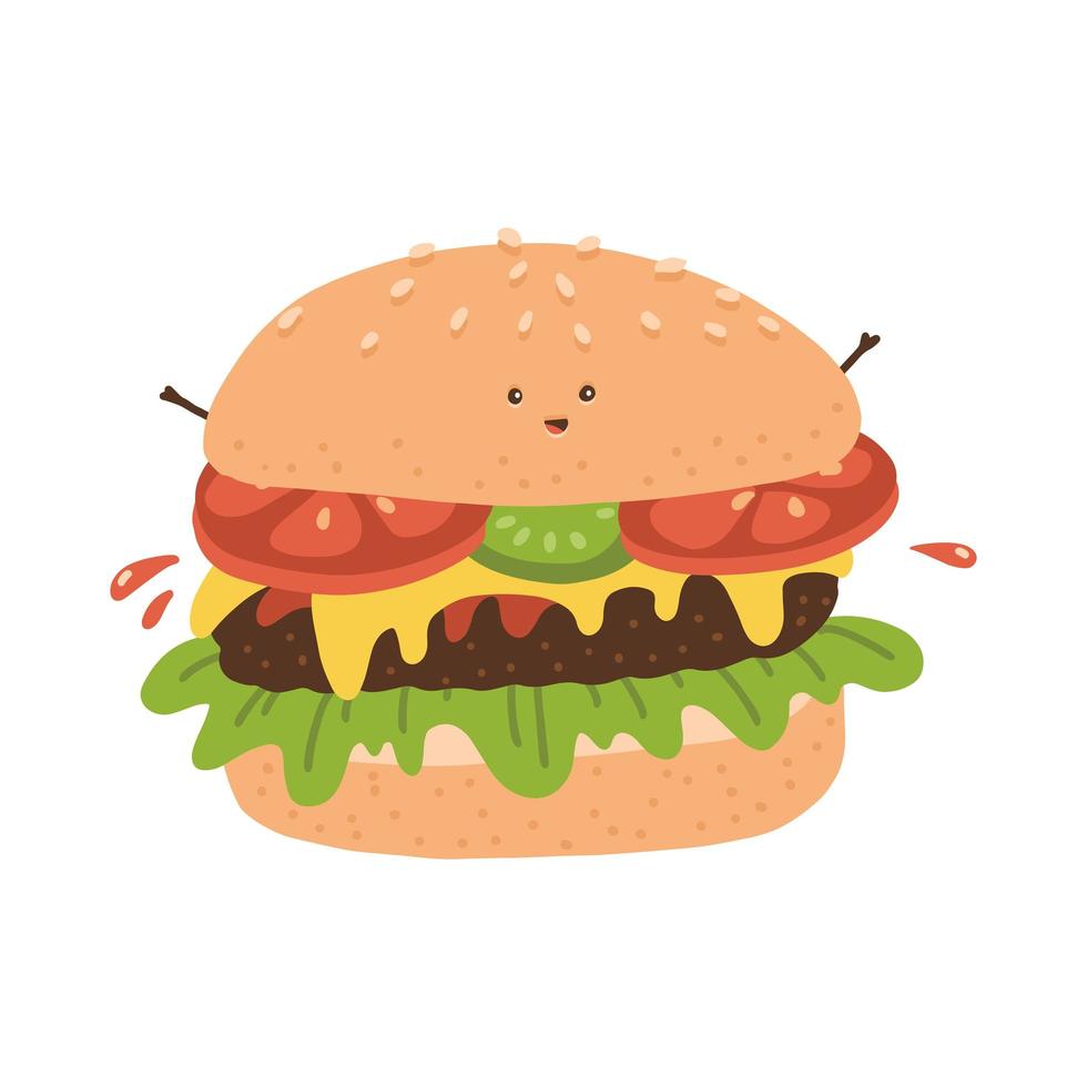 personaje de hamburguesa kawaii. comida rápida divertida con ojos pequeños, manos y sonrisa para el menú infantil de comida rápida. icono de ilustración plana de vector de estilo moderno. aislado sobre fondo blanco