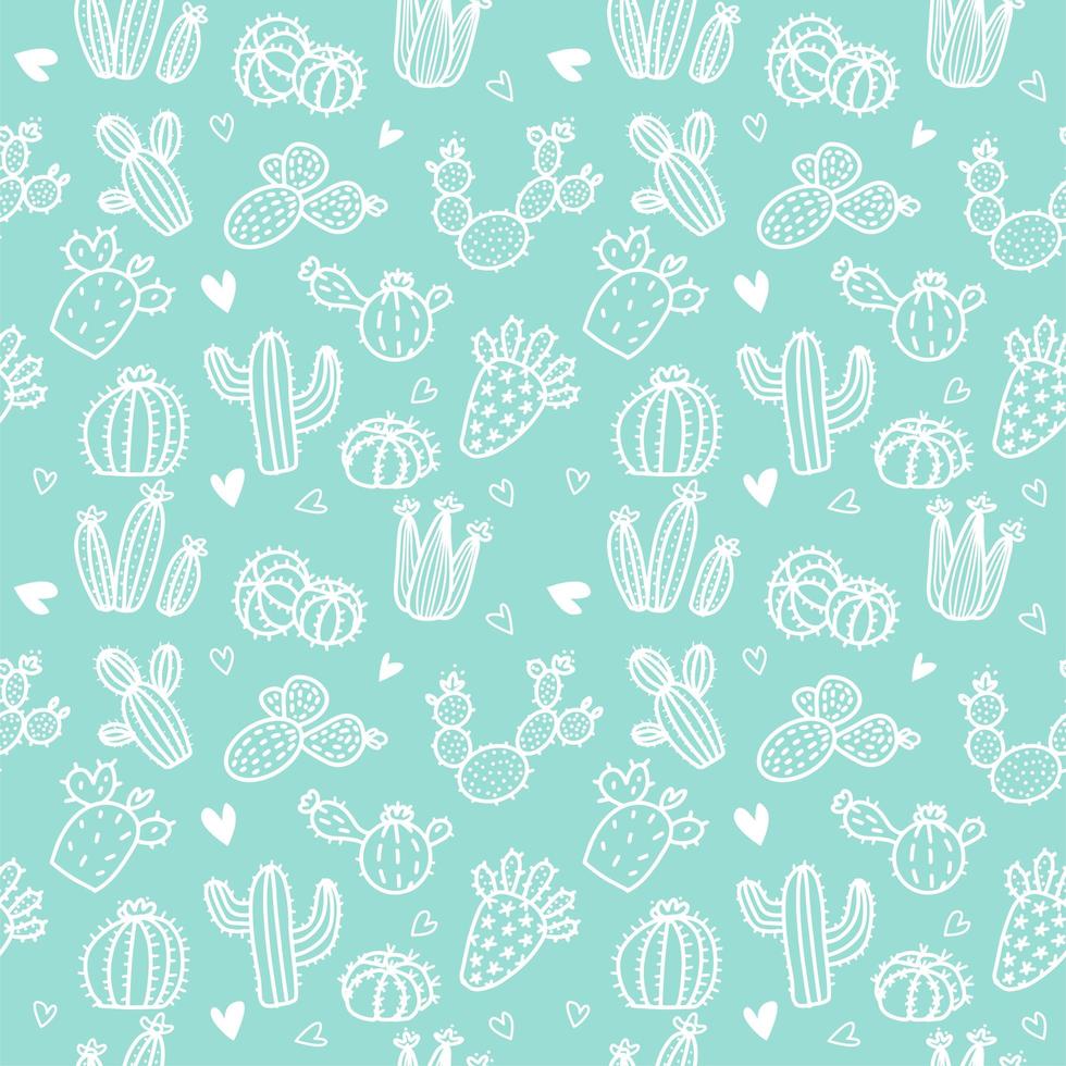 Seamless pattern with white line cactus and succulents on mint background. Vector print with cactuses succulents in minimalistic geometric scandinavian style. Cute vector tile template
