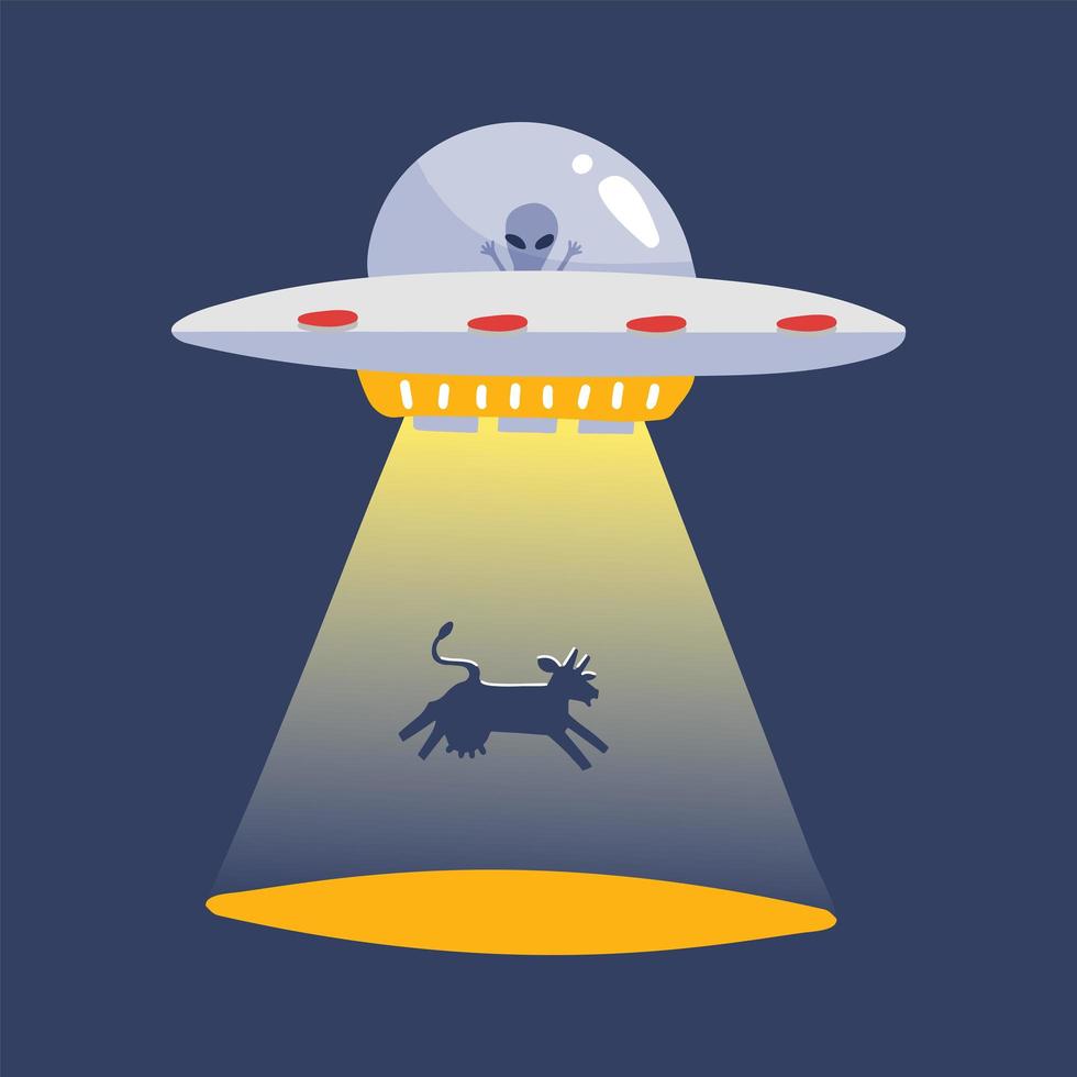 ovni secuestrando una silueta de vaca. nave espacial alienígena, pegatina de dibujos animados de objetos voladores desconocidos futurista aislada en fondo azul oscuro. ilustración vectorial plana vector