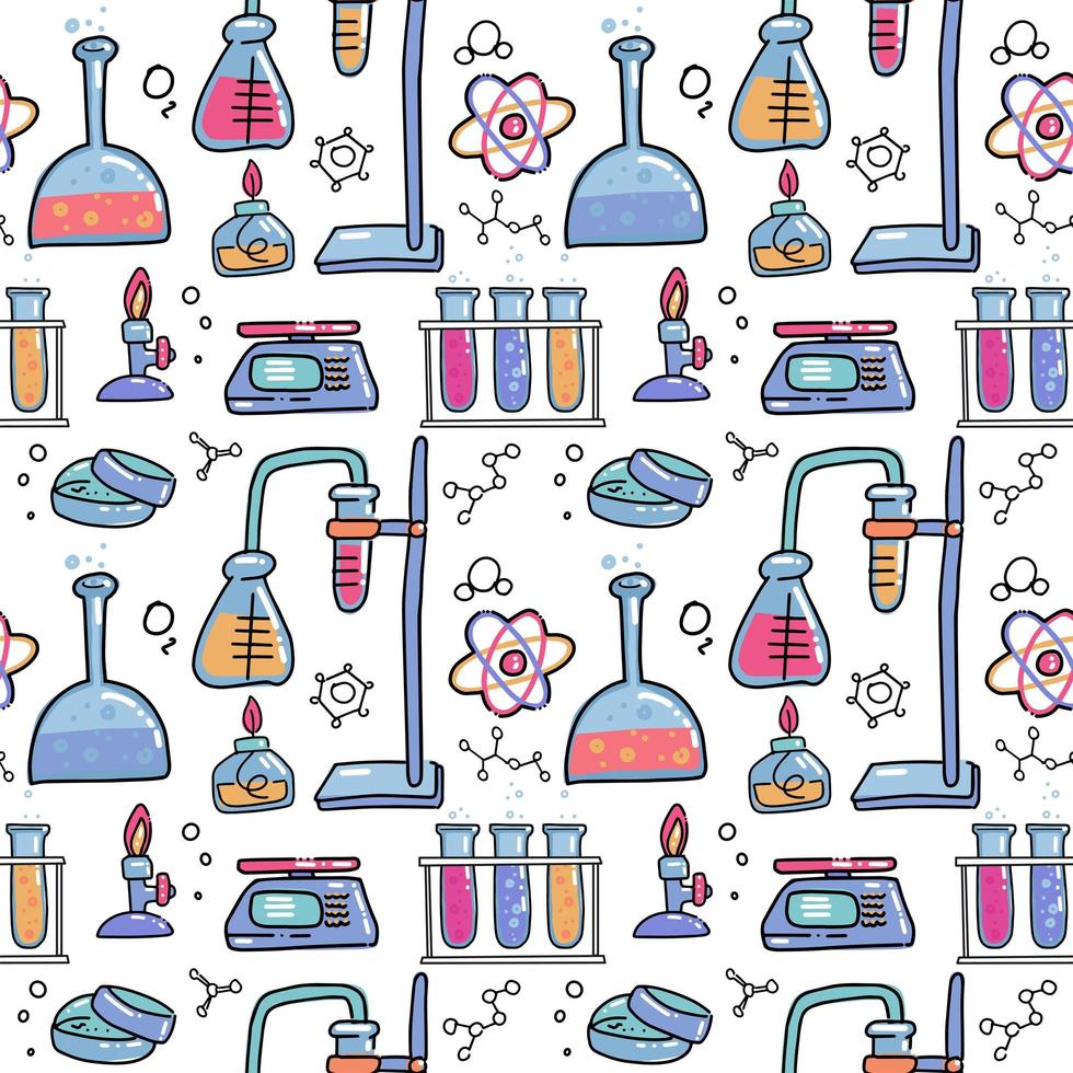 Seamless pattern of decorative color hand drawn chemical lab scientific experiment equipment isolated vector illustration. Set of flasks in doodle style on white background. Chemistry science for kids