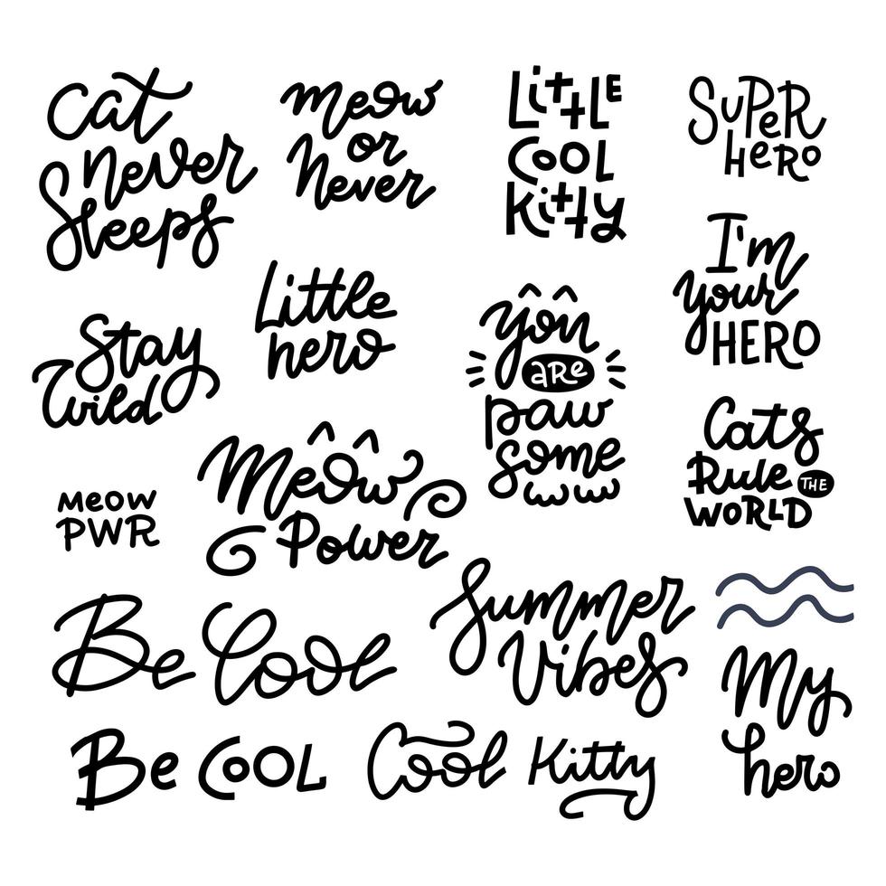 Baby Nursery Room Decoration Elements Set. Childish Prints Collection. Vector hand drawn lettering set with funny cat quotes. Meow or never. Cat never sleeps. Cool kitty etc