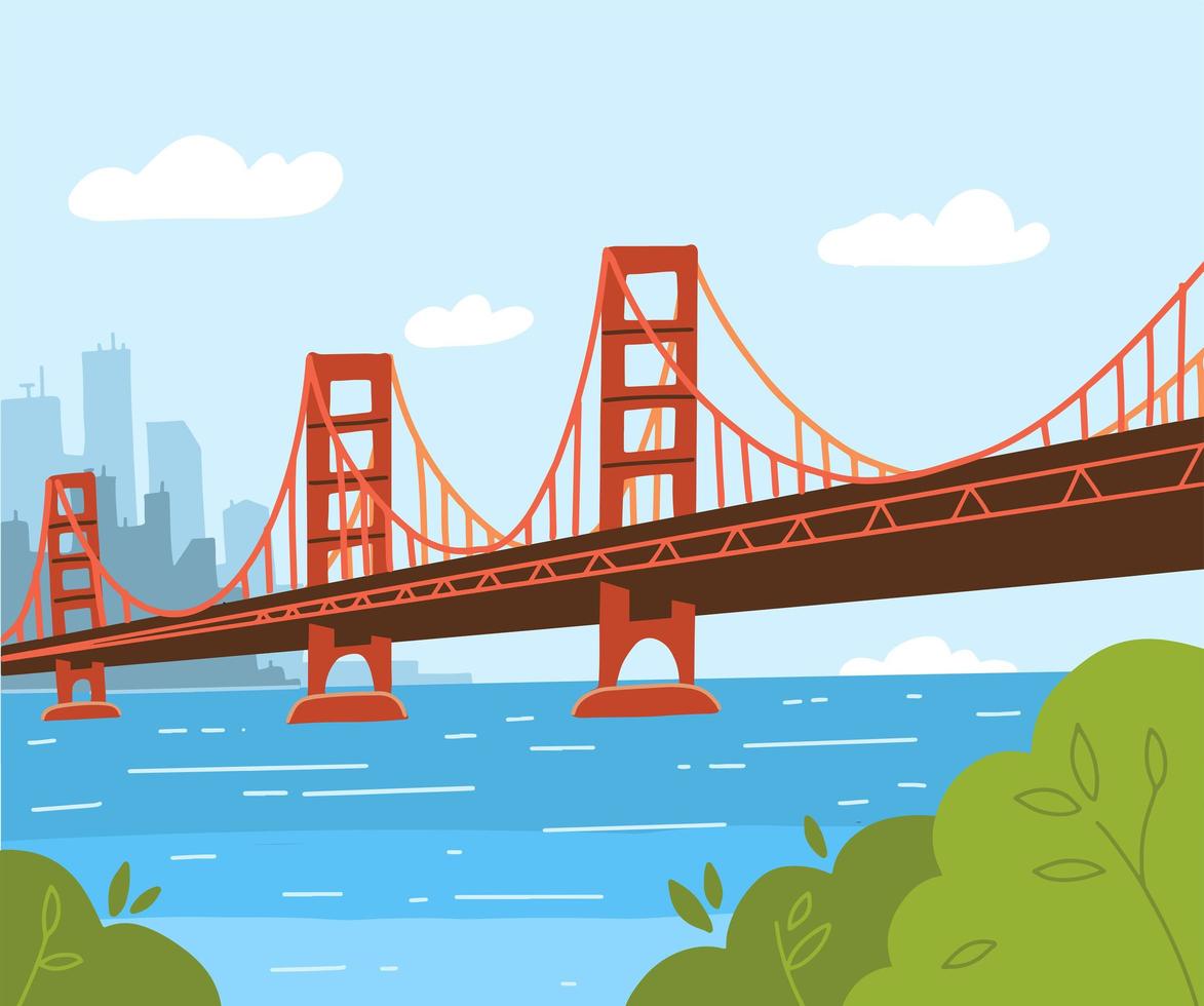 Golden Gate Bridge illustration. Flat vector style design. Day cityscape background with city silhouette. Symbol of America and Urbanism