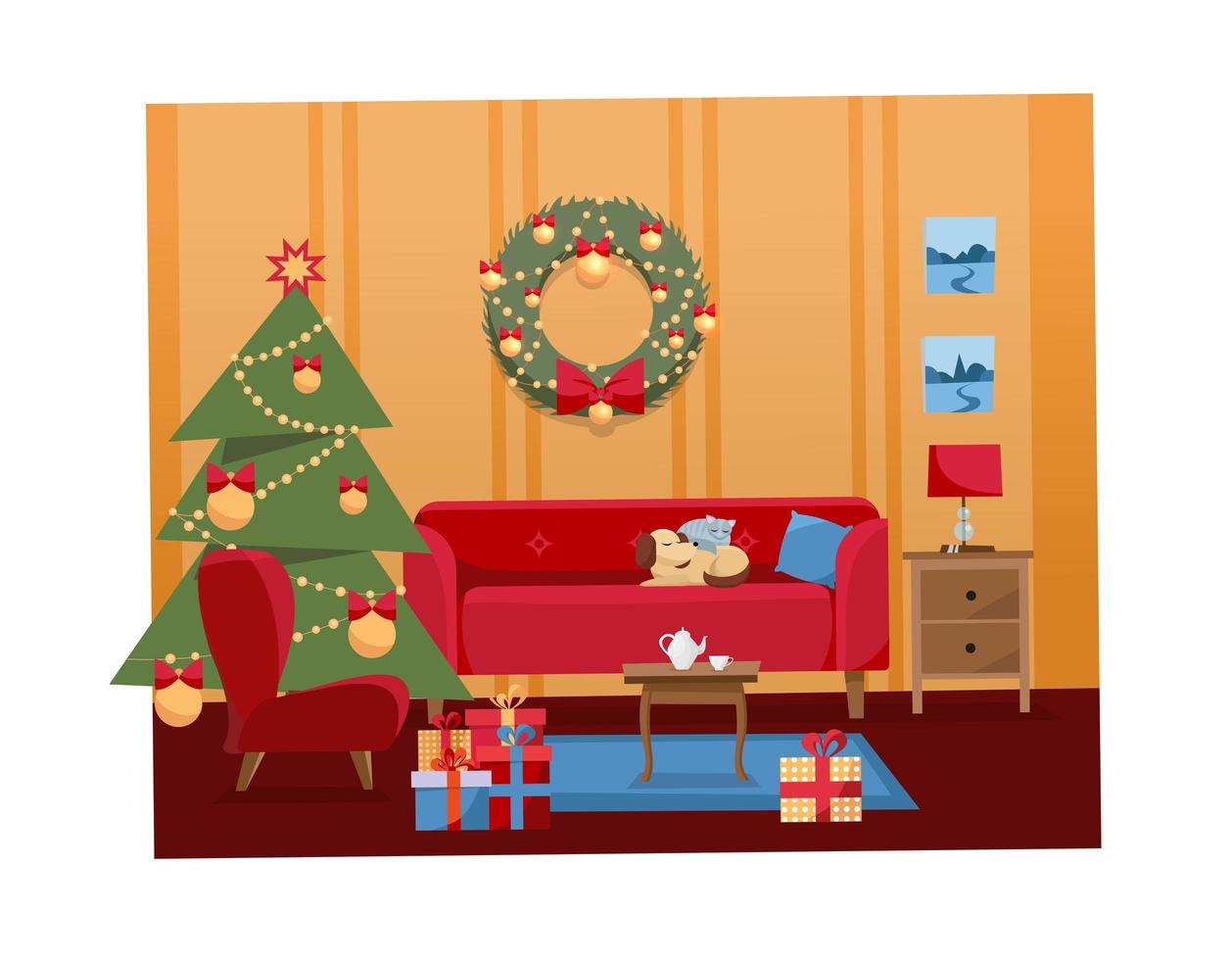 Christmas flat cartoon vector interior illustration of living room decorated for holidays. Cozy warm home interior with furniture, sofa, armchair, Christmas tree, gifts, gift boxes, balls, wreath