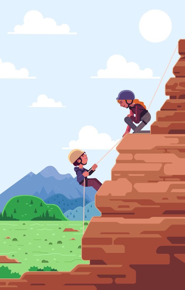 hombre y mujer escalada en pared con vistas a la montaña vector