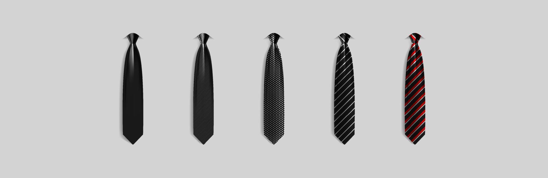 Set different black ties isolated on gray background. Colored tie for men vector