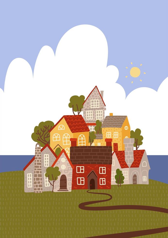 Funny Cartoon Town by the sea. Cozy houses and trees stacked. Flat vector illustration.