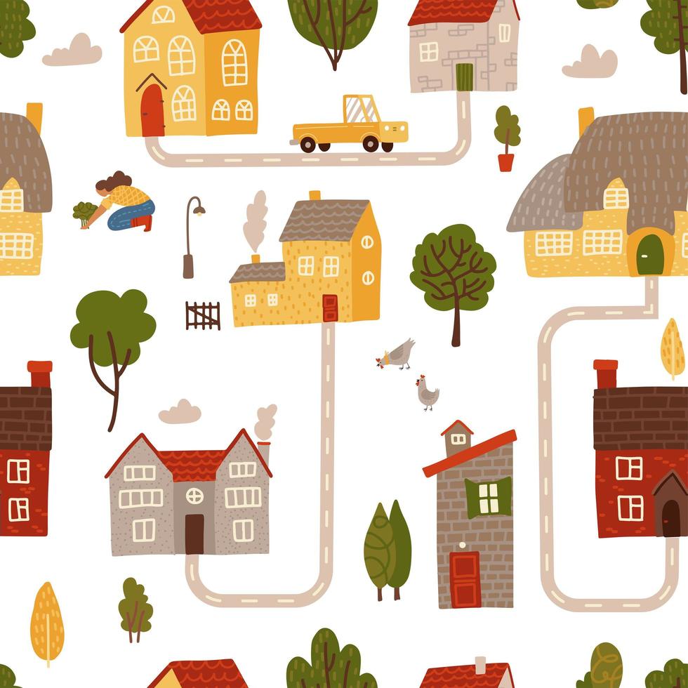 Seamless pattern of summer hand drawn doodle country houses and trees landscape isolated on white background. Cozy road map background. Flat vector illustration.