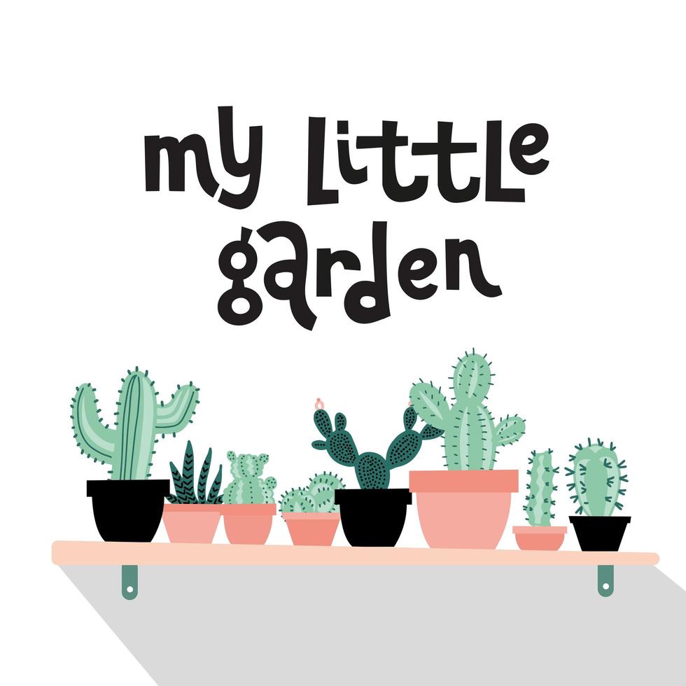 My Little Garden botanical vector illustration. Small cactus and succulent on shelf flat images isolated on white background. Tropical plants clipart. Interior botany. House plant in pot