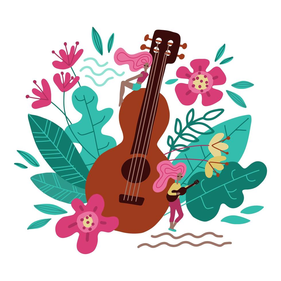 Young women near big guitar hand drawn character. Scandinavian style doodle decorative leaves, flowers. Music obsession metaphor flat cartoon illustration. Music festival promo banner, poster design vector
