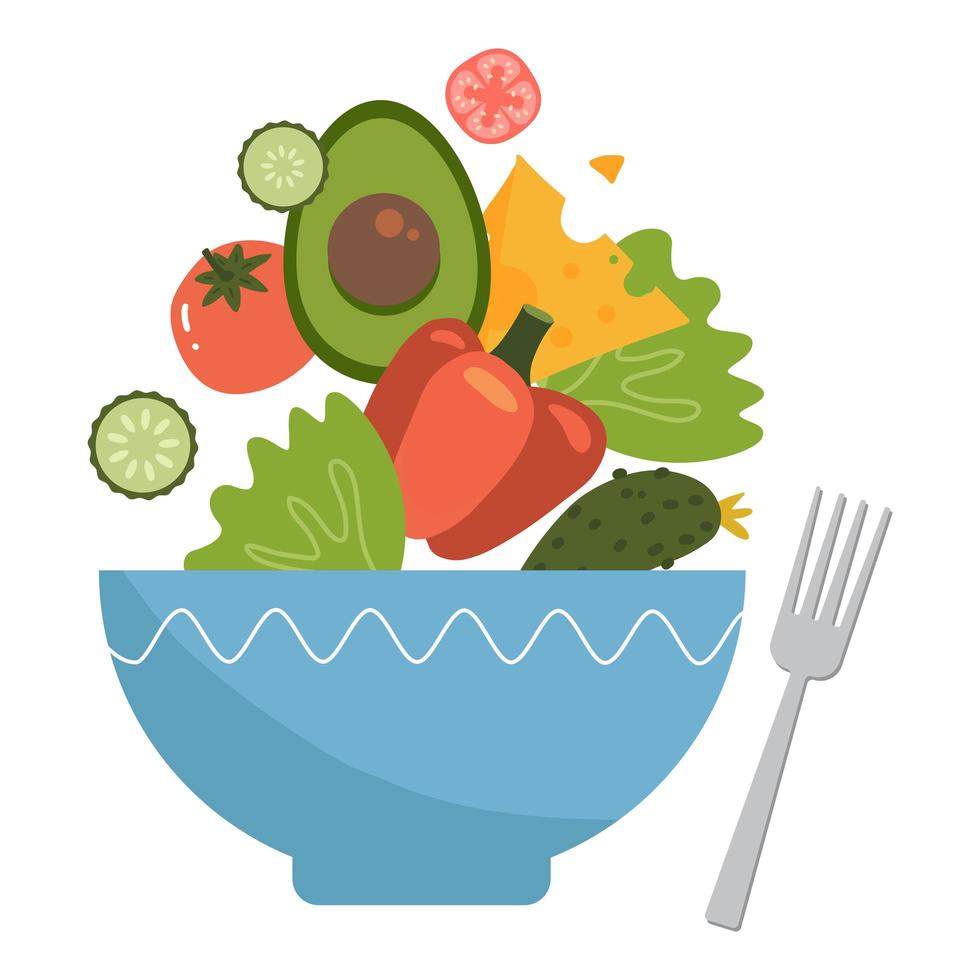 Healthy food concept. Vegetable salad coming out from big bowl. Element for your design. Vector flat illustration.