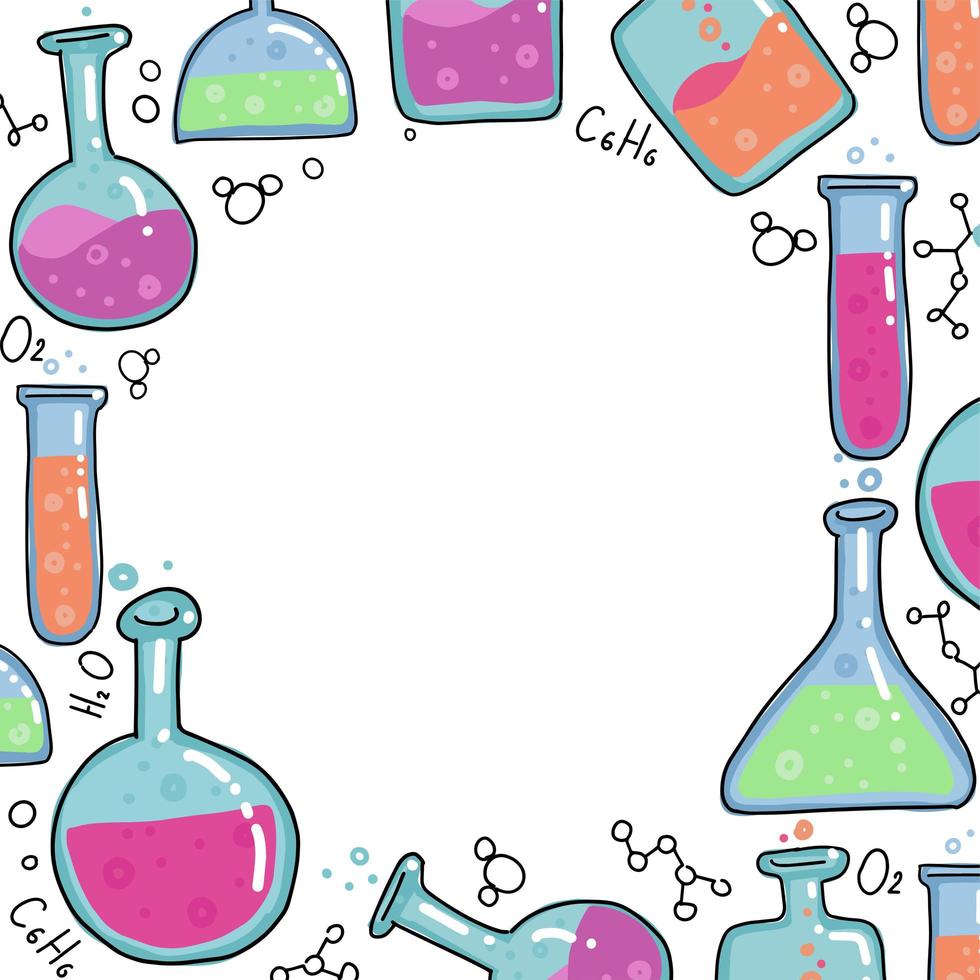 Chemistry Test tubes vector outlined sketch round frame. Kids Education illustration in thin line color doodle style. Set of Hand drawn round and square bulb with bubbled liquid on white background.