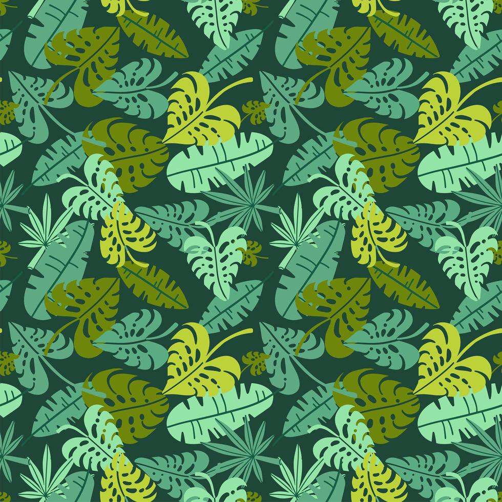 Abstract jungle print with silhouettes of paradise island foliage. Vector flat seamless floral green pattern inspired by tropical nature and plants with shape of palm leaves. Summer background