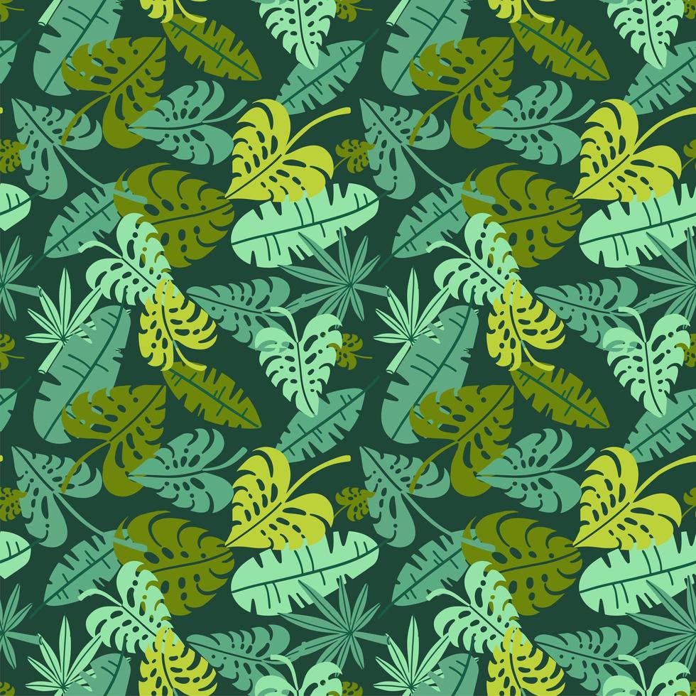 impresión abstracta de la jungla con siluetas de follaje de la isla paraíso. patrón verde floral plano vectorial sin fisuras inspirado en la naturaleza tropical y las plantas con forma de hojas de palma. fondo de verano vector