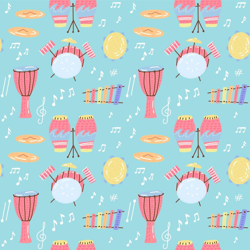 Hand drawn musical seamless pattern of drum set. Different Musical Percussion instruments with notes. Flat childish vector illustration