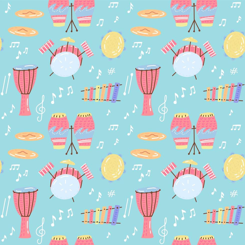 Hand drawn musical seamless pattern of drum set. Different Musical Percussion instruments with notes. Flat childish vector illustration