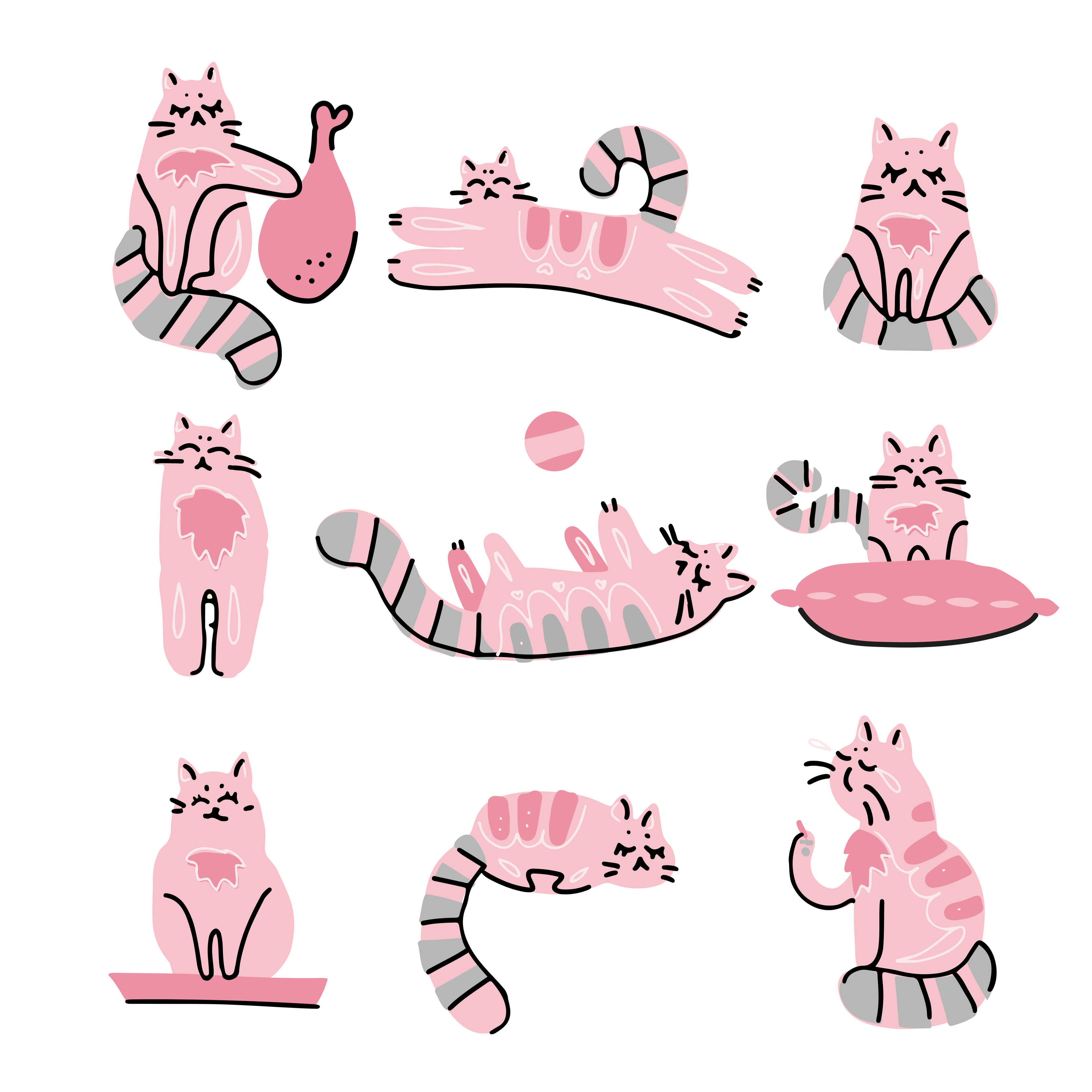 Funny hand drawn cats set. Pink Animals vector doodle scandinavian style  illustration with adorable kittens. Colletion of different pet poses -  eating, playing, sleeping 6139168 Vector Art at Vecteezy