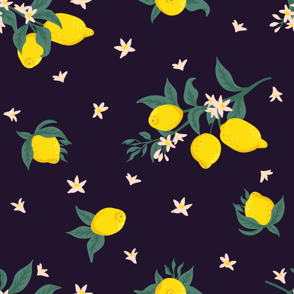 Summer tropical seamless pattern with colorful lemons and flowers.Vector citrus fruits background. Modern exotic floral design for paper, cover, fabric, interior decor and other users. vector