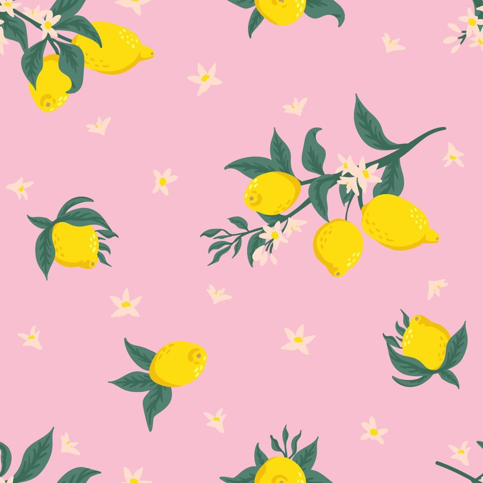 Summer tropical seamless pattern with colorful lemons and flowers.Vector citrus fruits background. Modern exotic floral design for paper, cover, fabric, interior decor and other users. vector