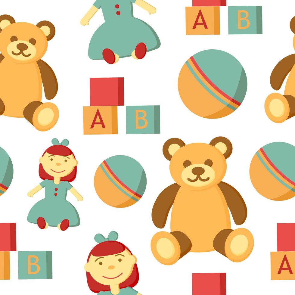 Kids toy vector seamless pattern. Horse, pyramid, drum, ball, doll, cubes, bear, rocket, car background. Childrens colorful texture  for wrapping, wallpaper, textile. Green, red, orange, brown colors.