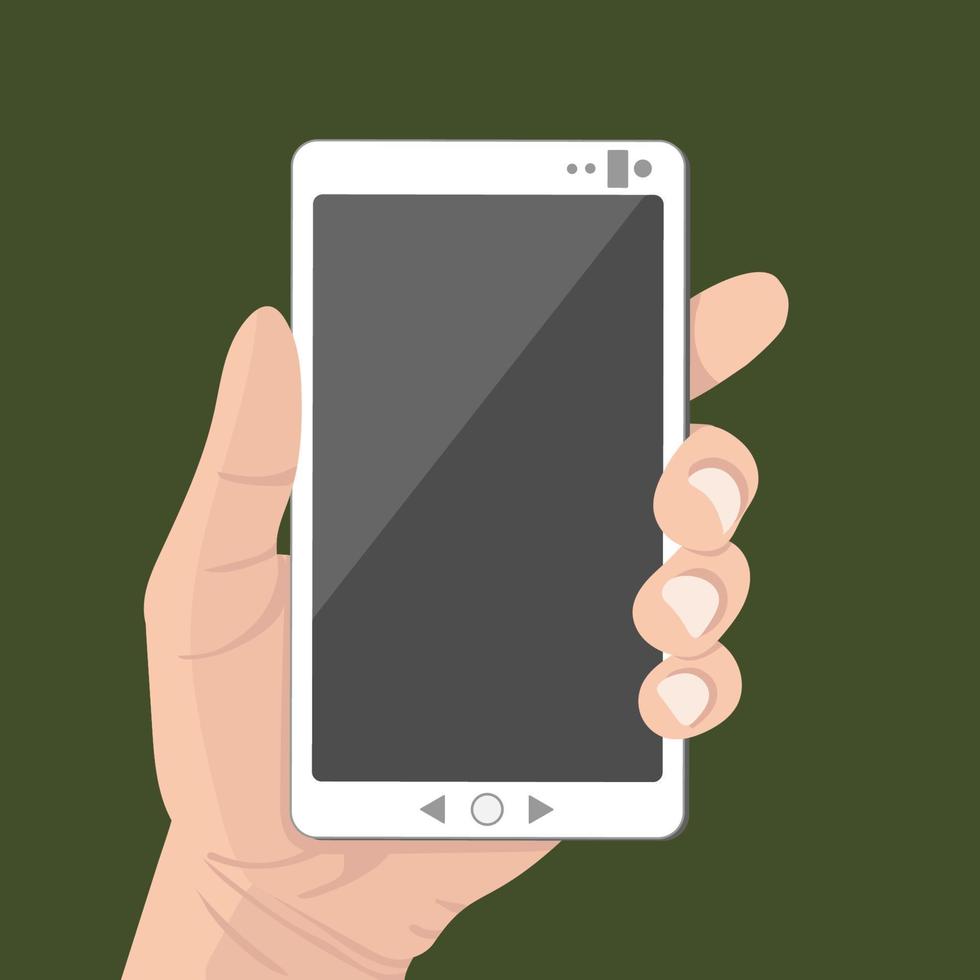 Female hand shows smartphone with blank grey display. Woman hold cell phone in arm. Presentation template for mobile application or service. Isolated vector illustration closeup in flat design.