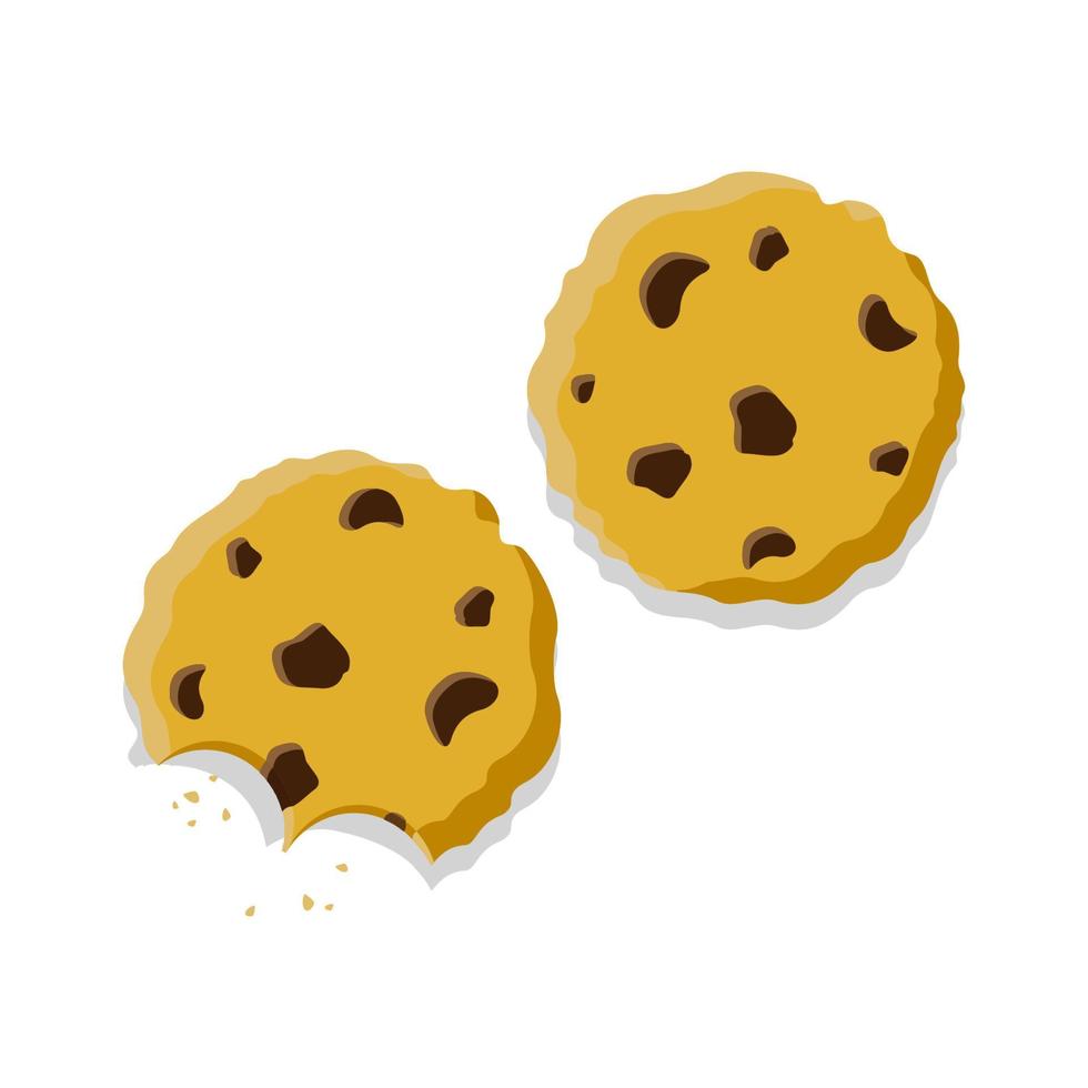 Homemade chocolate oatmeal chip cookies icon. Sweet biscuit, small baked, crisp pastry with crush fragments. Vector flat style cartoon bitten cookie illustration isolated on white background.